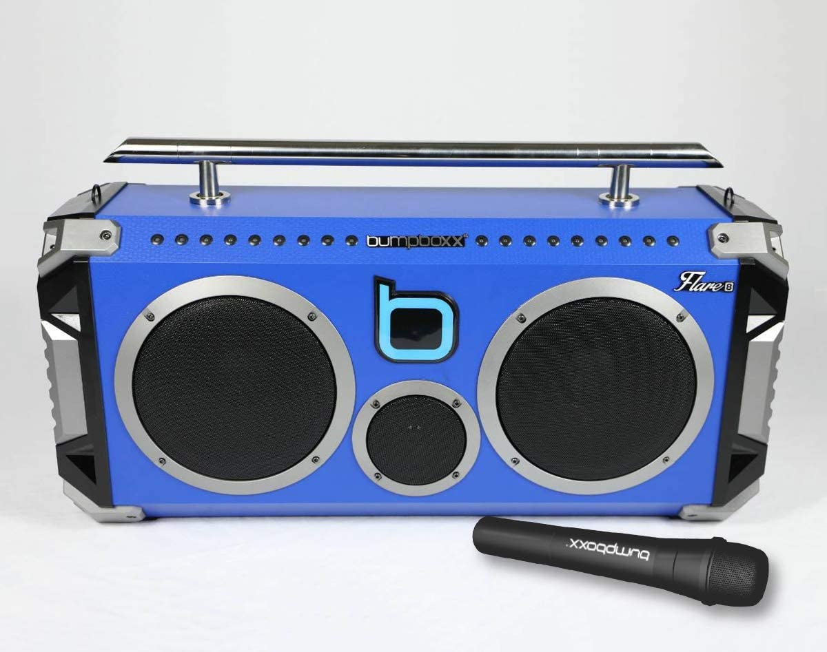 Bluetooth Portable Speaker Boombox Flare8 Blue | Retro Boombox with Bluetooth Speaker | Rechargeable Lithium Battery | Includes Wireless Microphone, Carrying Strap & Remote Control